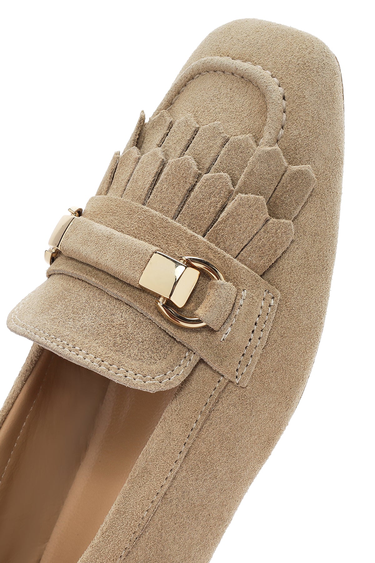 Kadın Bej Püsküllü Süet Deri Maskülen Loafer - Image 9