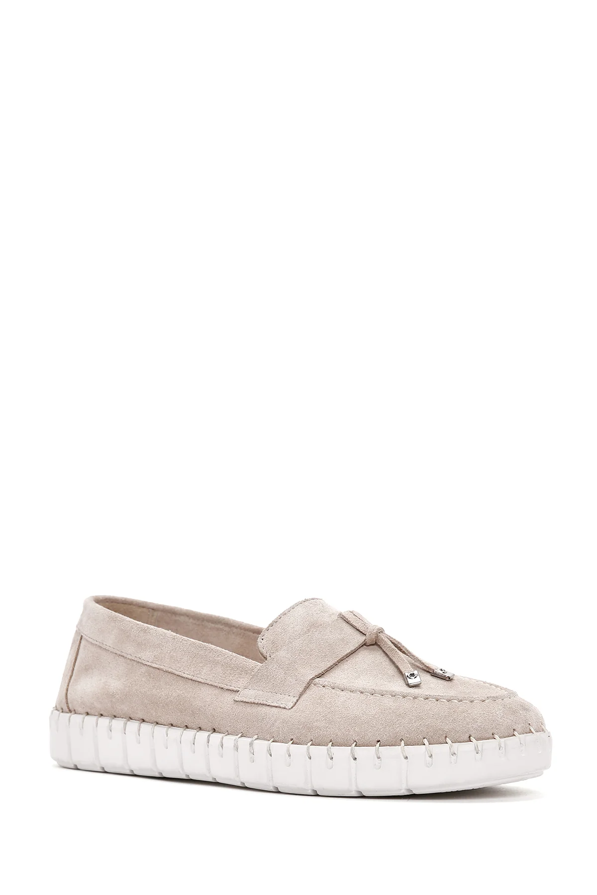 Kadın Bej Süet Deri Comfort Loafer - Image 6