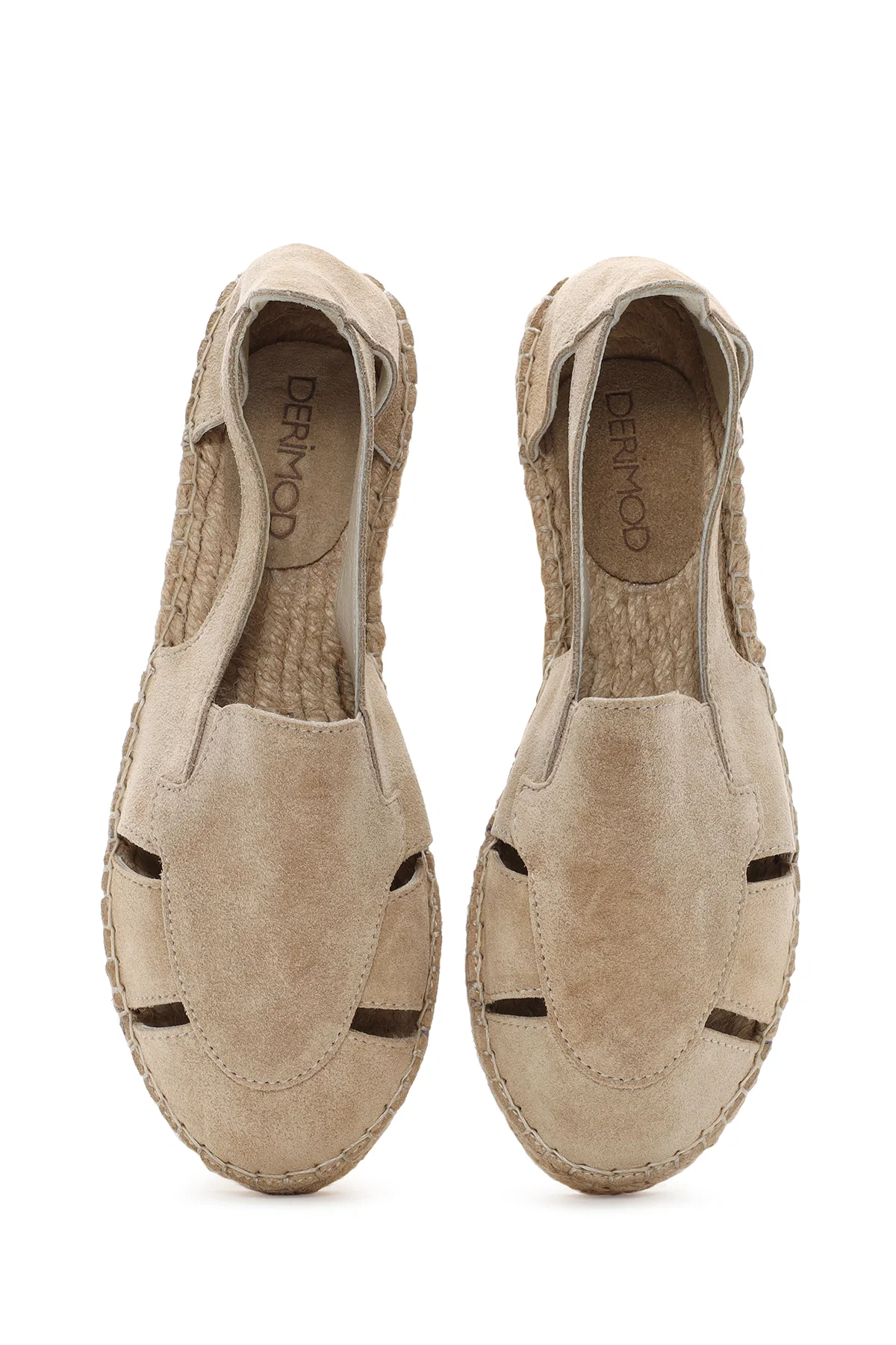 Kadın Bej Süet Deri Espadril Sandalet - Image 6