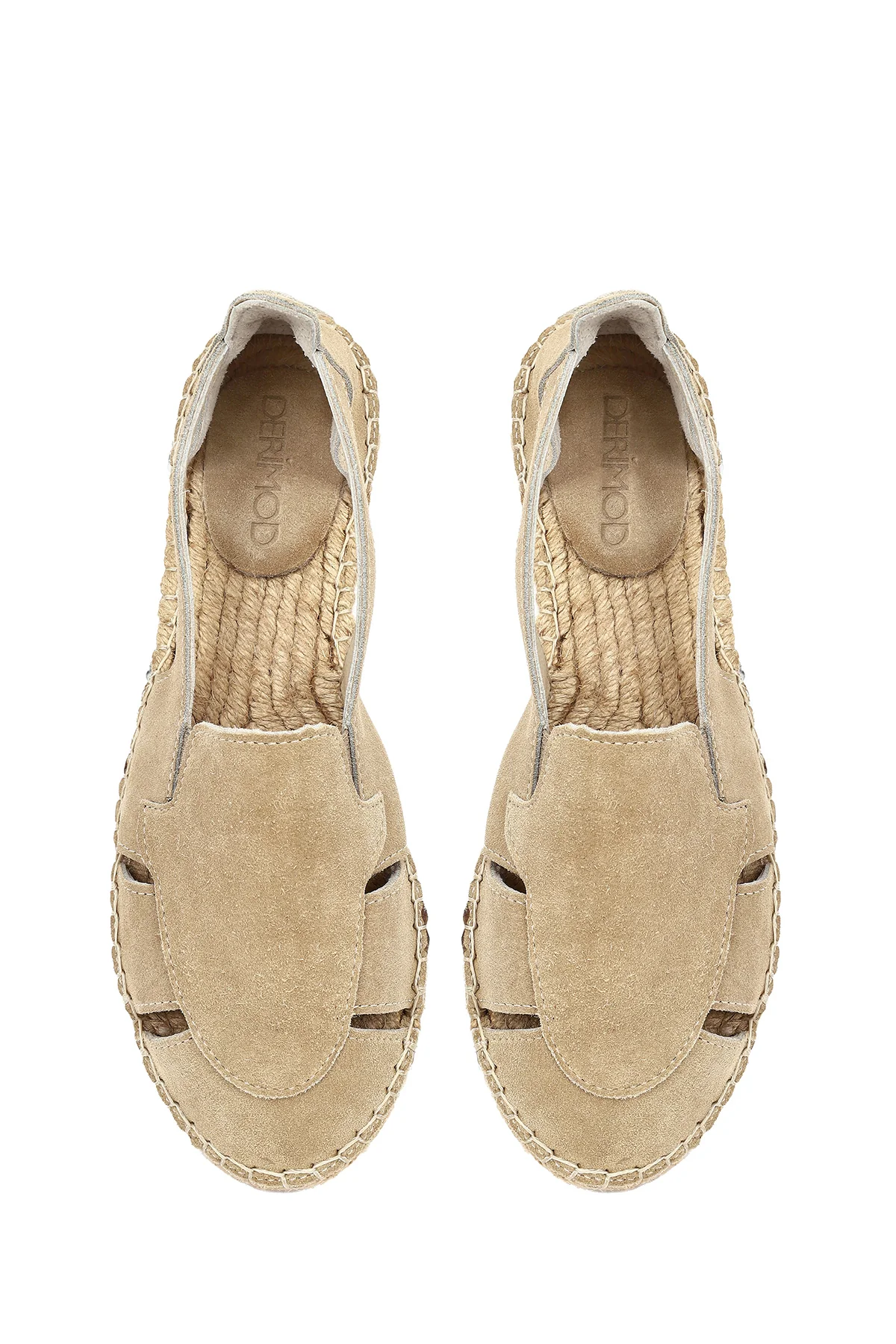 Kadın Bej Süet Deri Espadril Sandalet - Image 4