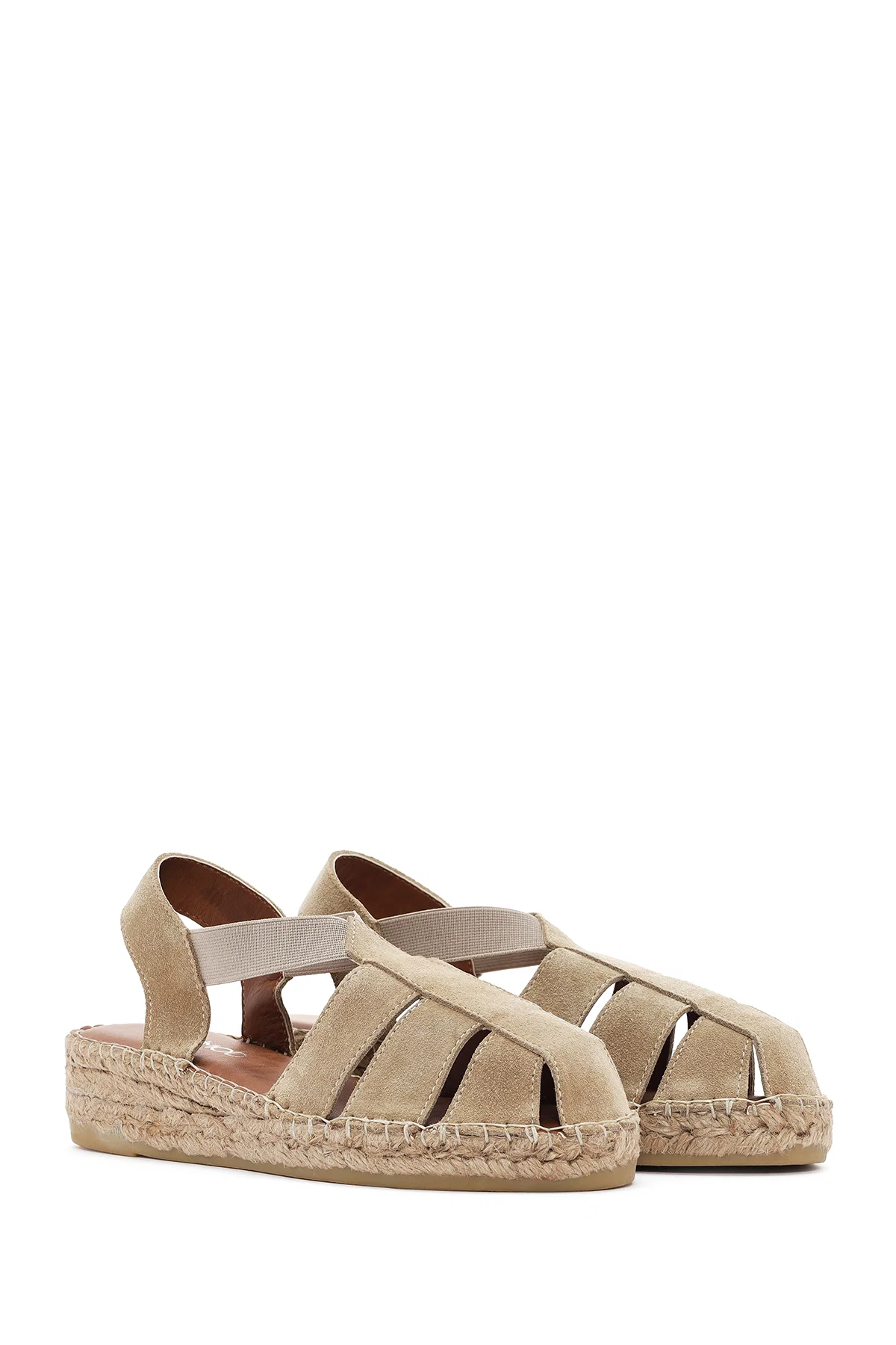 Kadın Bej Süet Deri Espadril Sandalet - Image 3