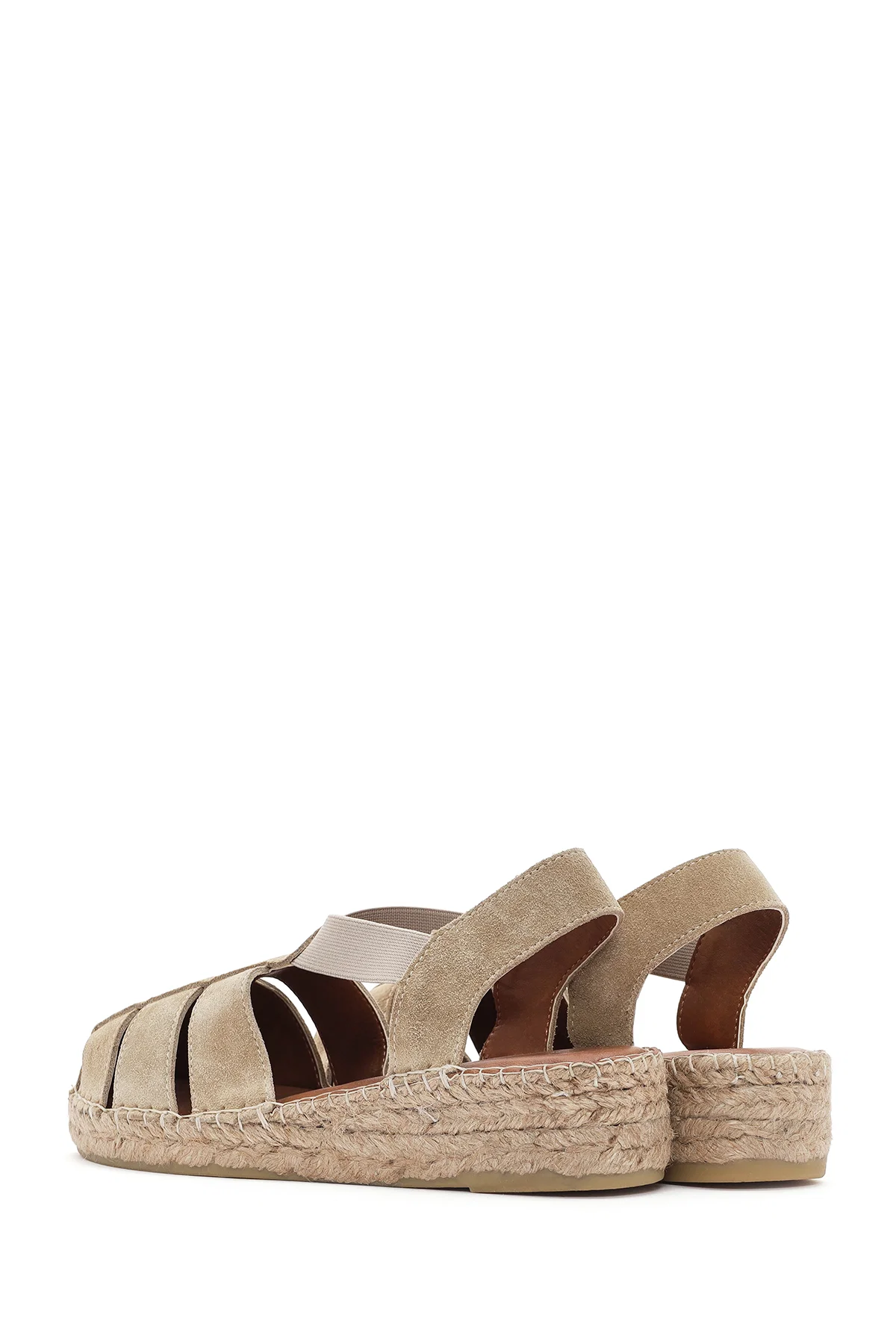 Kadın Bej Süet Deri Espadril Sandalet - Image 5