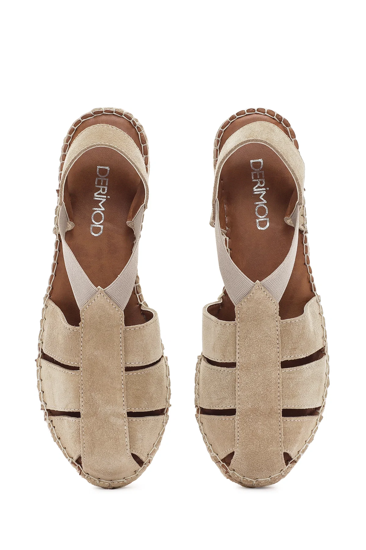 Kadın Bej Süet Deri Espadril Sandalet - Image 7
