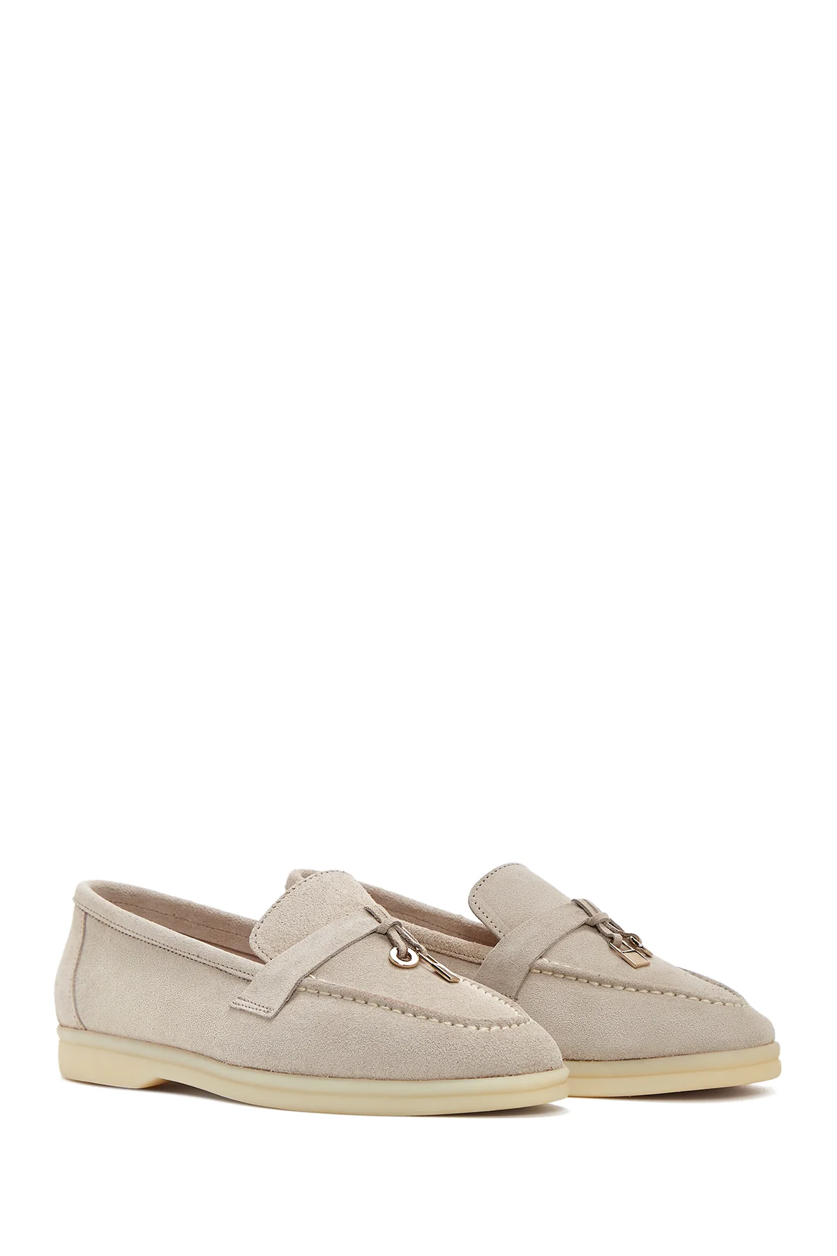 Kadın Bej Süet Deri Maskülen Loafer - Image 3