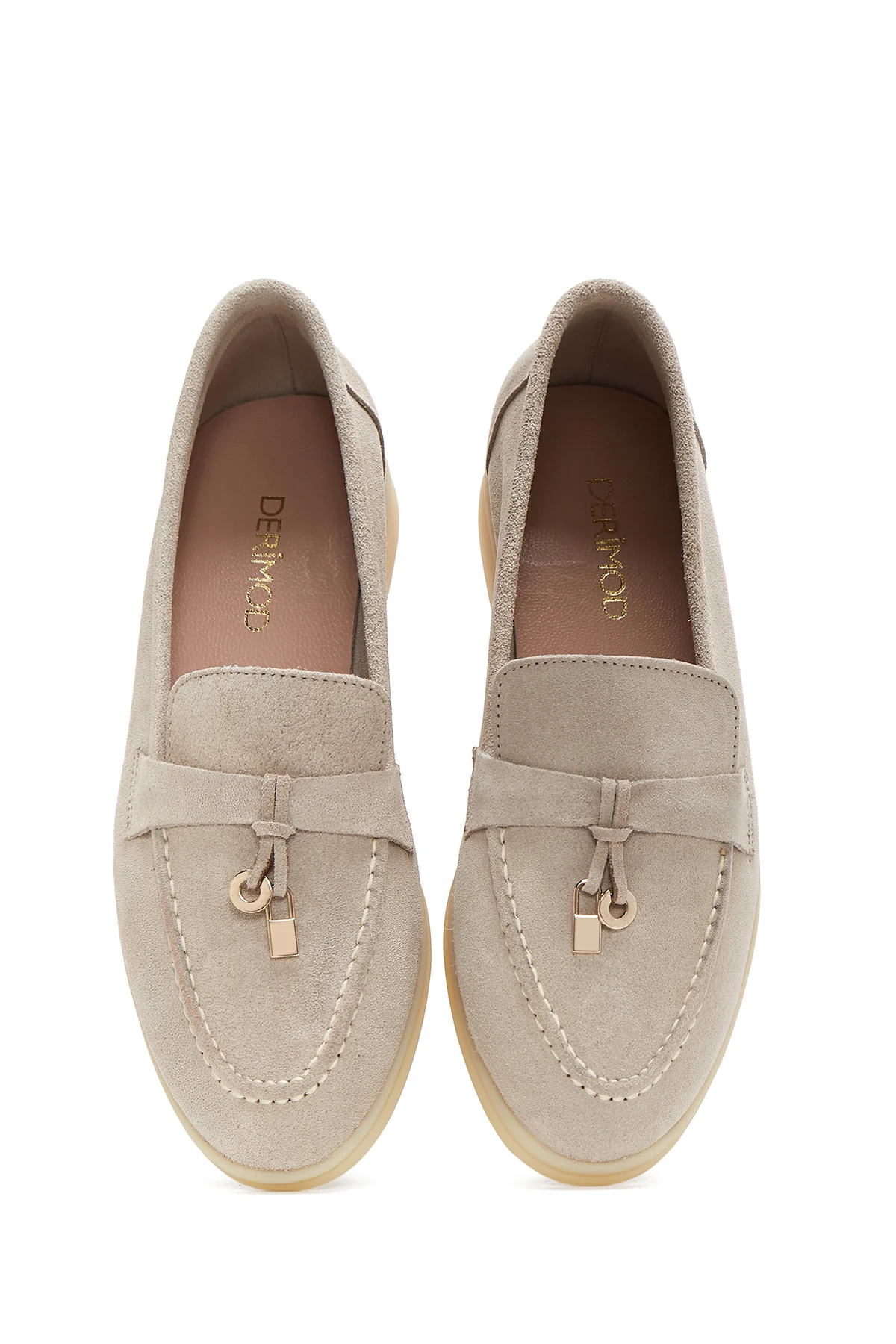 Kadın Bej Süet Deri Maskülen Loafer - Image 6