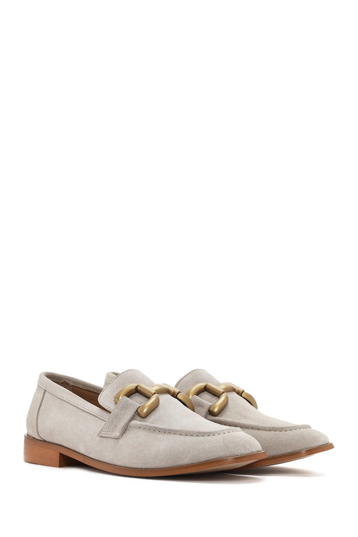 Kadın Bej Süet Deri Maskülen Loafer - Image 3