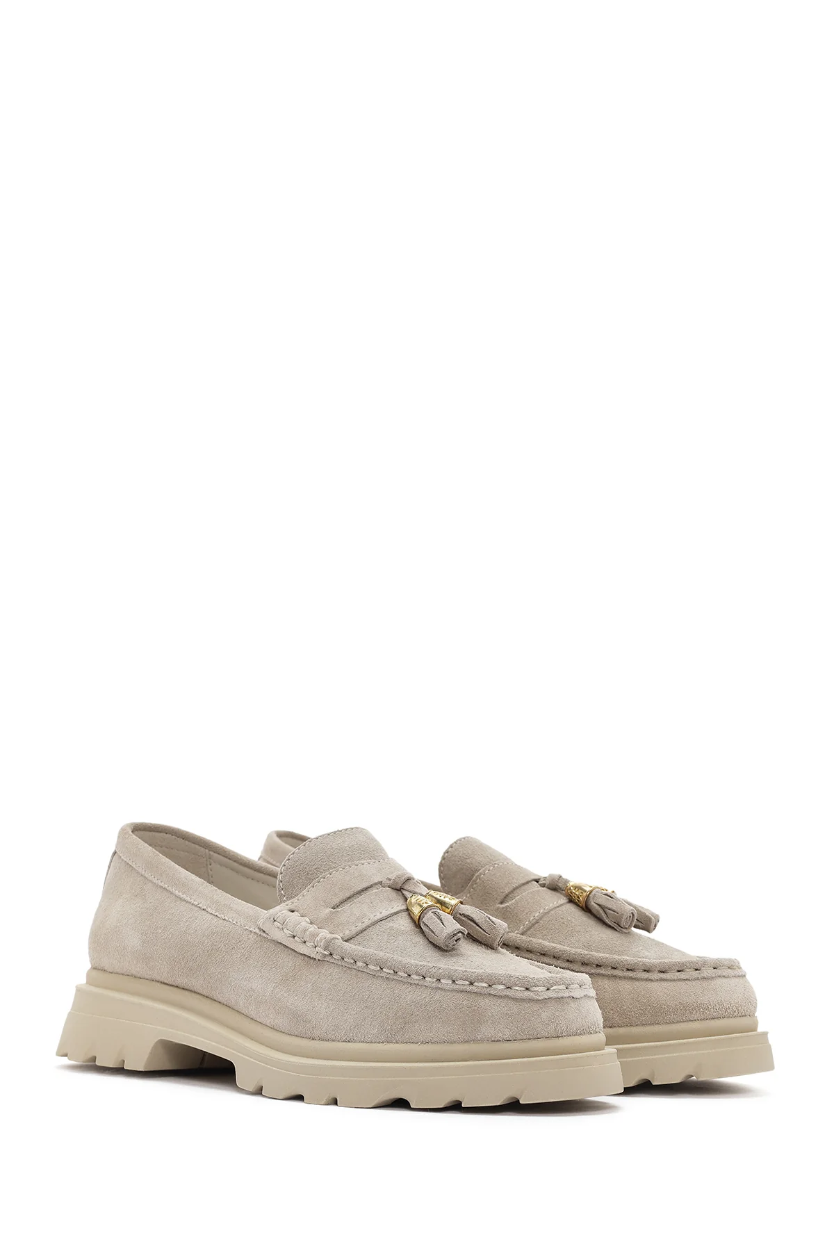 Kadın Bej Süet Deri Maskülen Loafer - Image 3