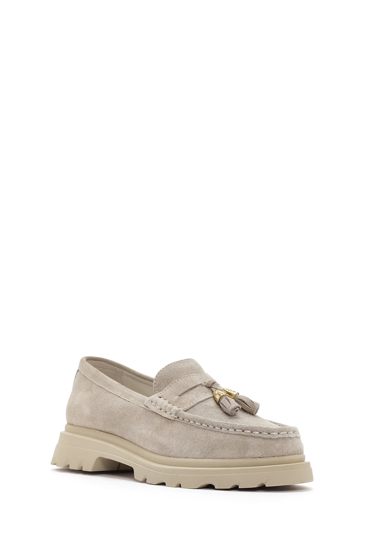 Kadın Bej Süet Deri Maskülen Loafer - Image 6