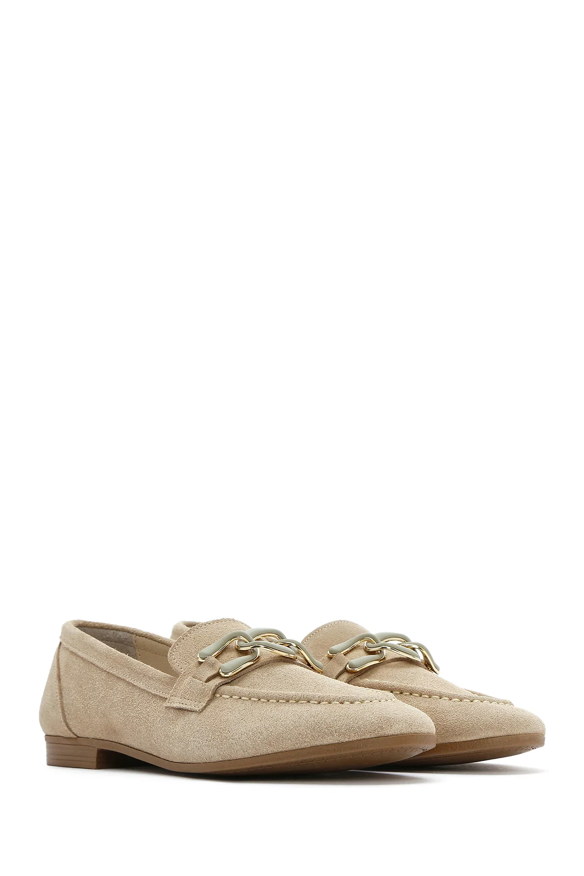 Kadın Bej Süet Deri Maskülen Loafer - Image 3