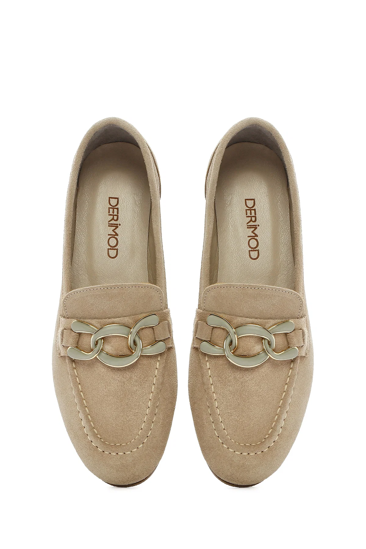 Kadın Bej Süet Deri Maskülen Loafer - Image 7