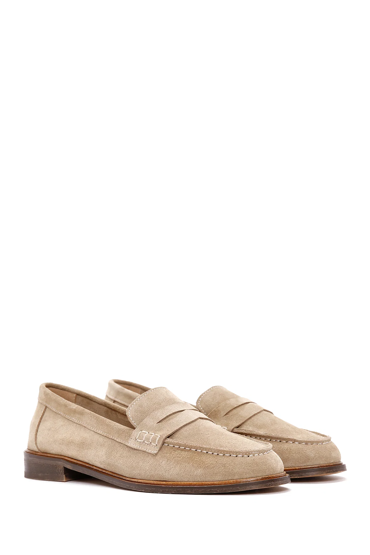 Kadın Bej Süet Deri Maskülen Loafer - Image 3