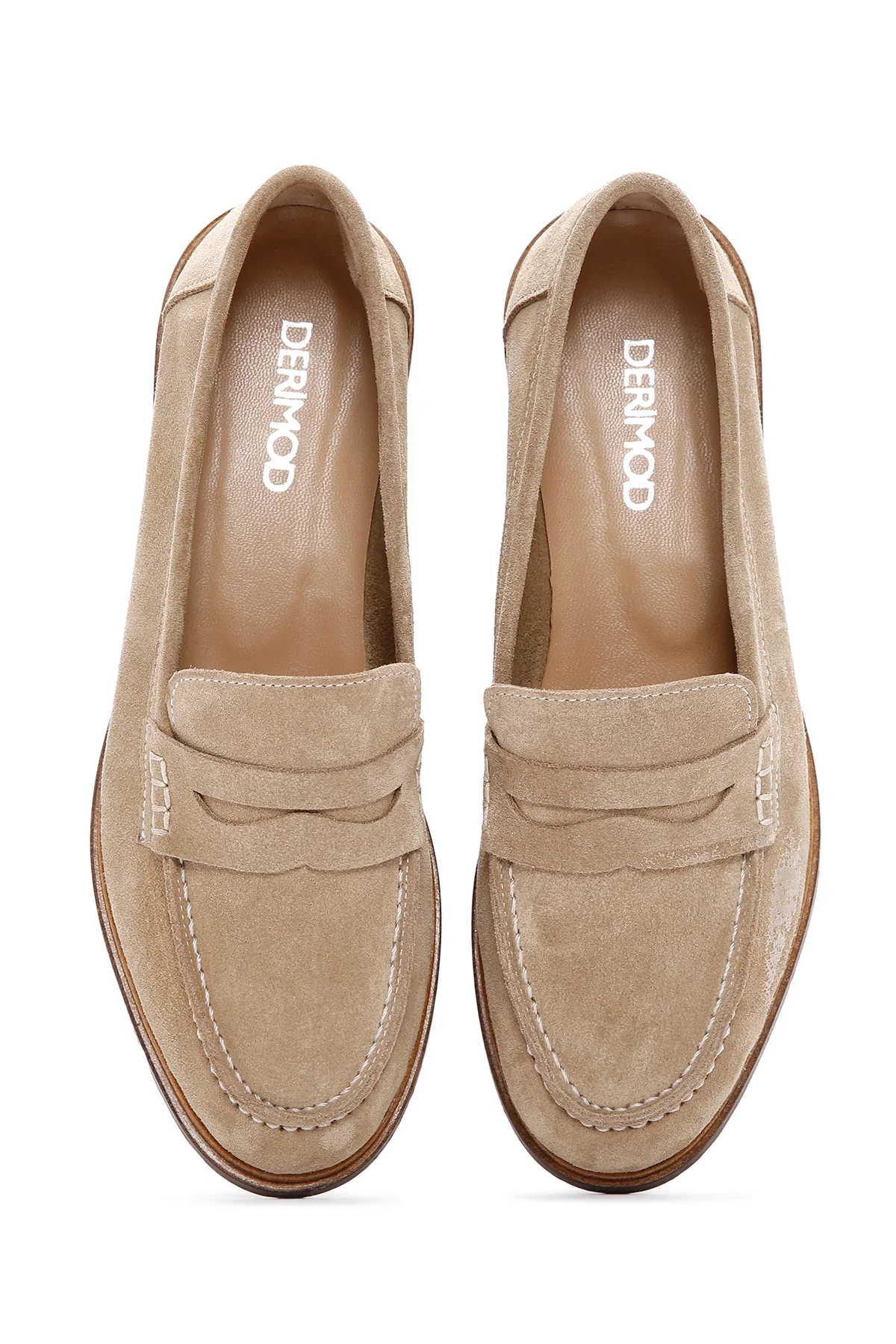 Kadın Bej Süet Deri Maskülen Loafer - Image 7