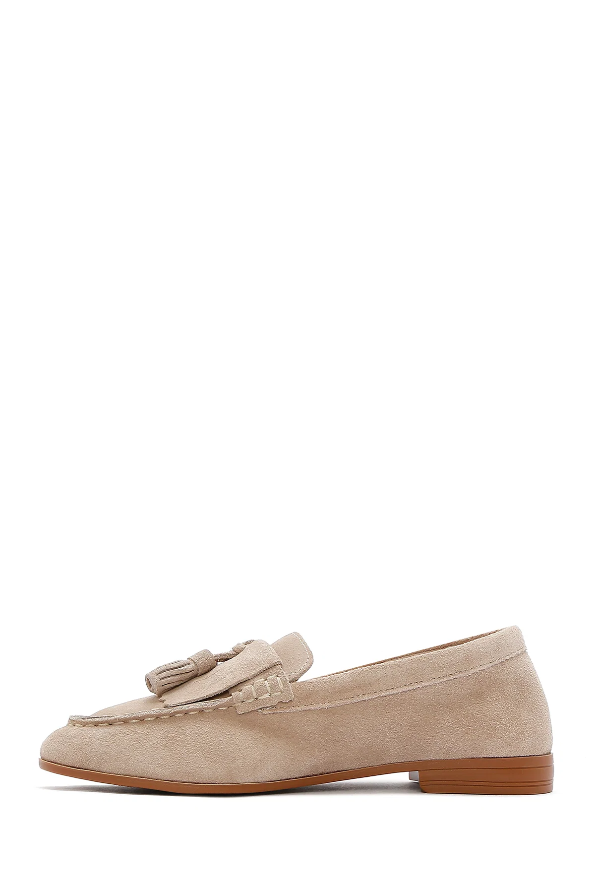 Kadın Bej Süet Deri Maskülen Loafer - Image 2