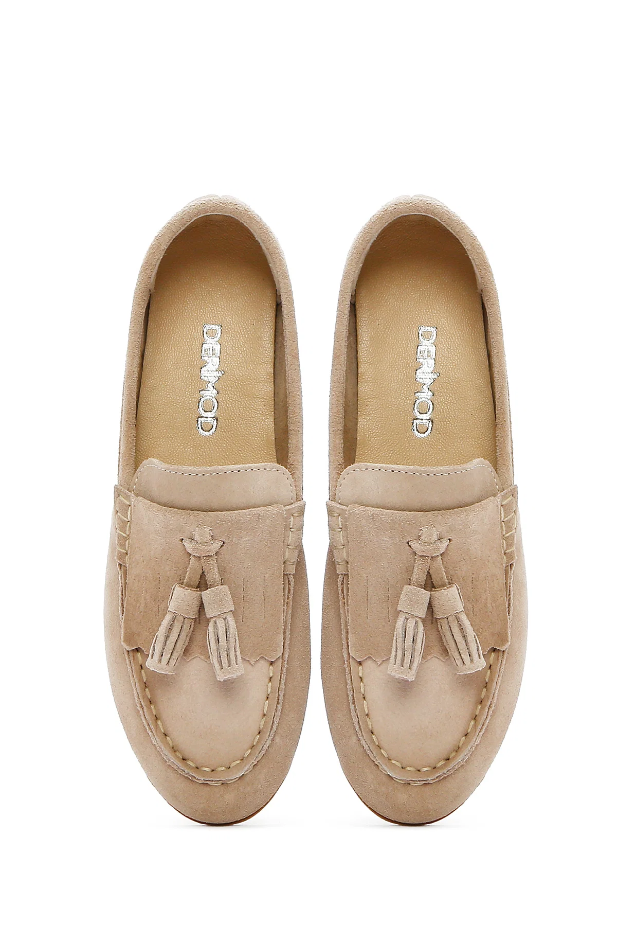 Kadın Bej Süet Deri Maskülen Loafer - Image 7
