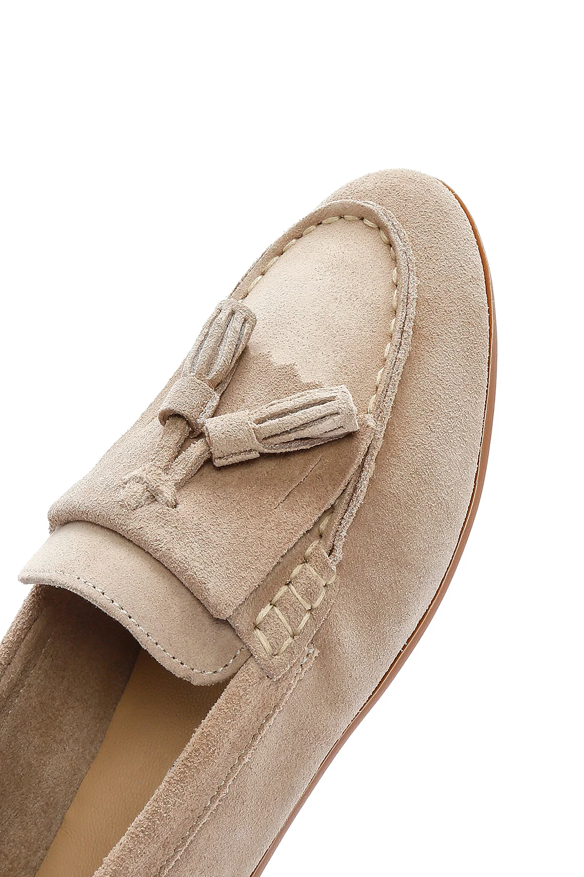 Kadın Bej Süet Deri Maskülen Loafer - Image 8