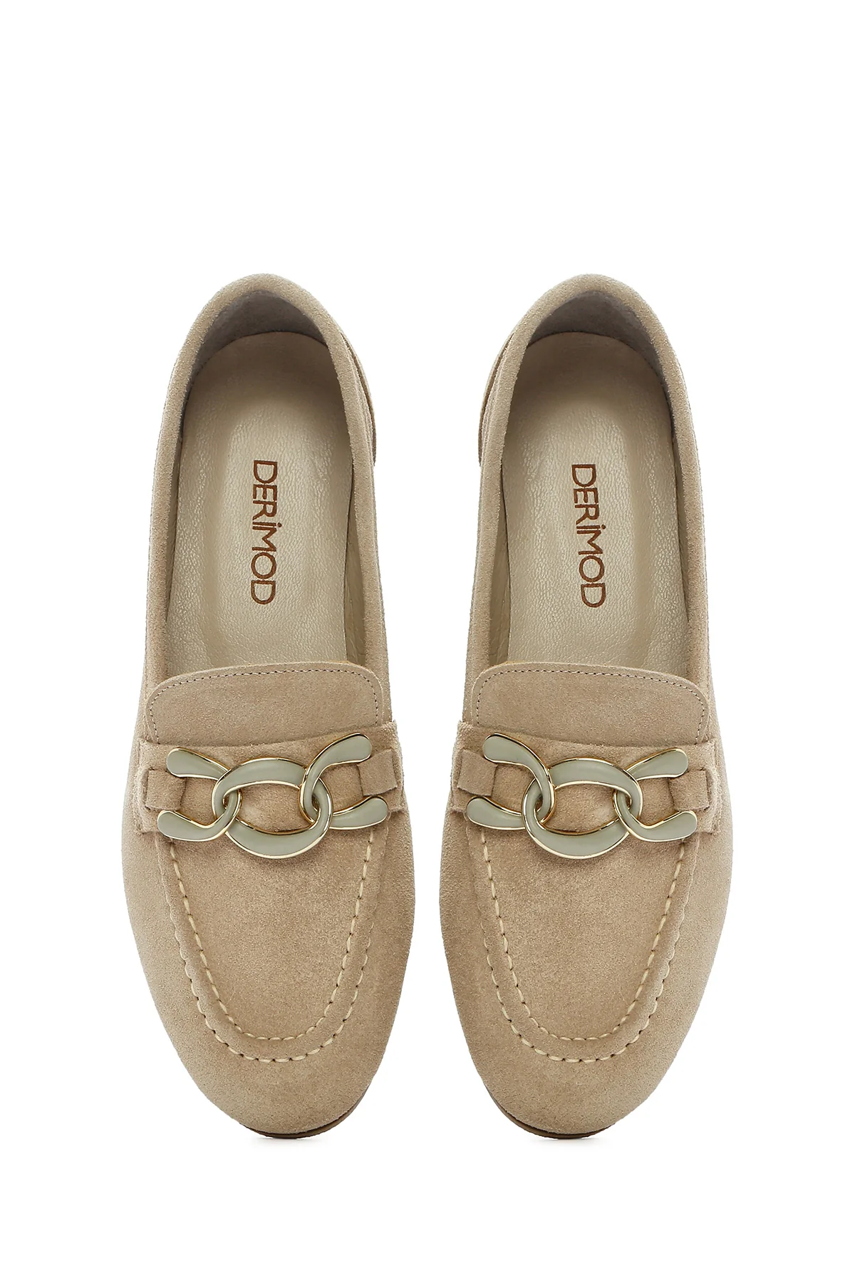 Kadın Bej Süet Deri Maskülen Loafer - Image 4