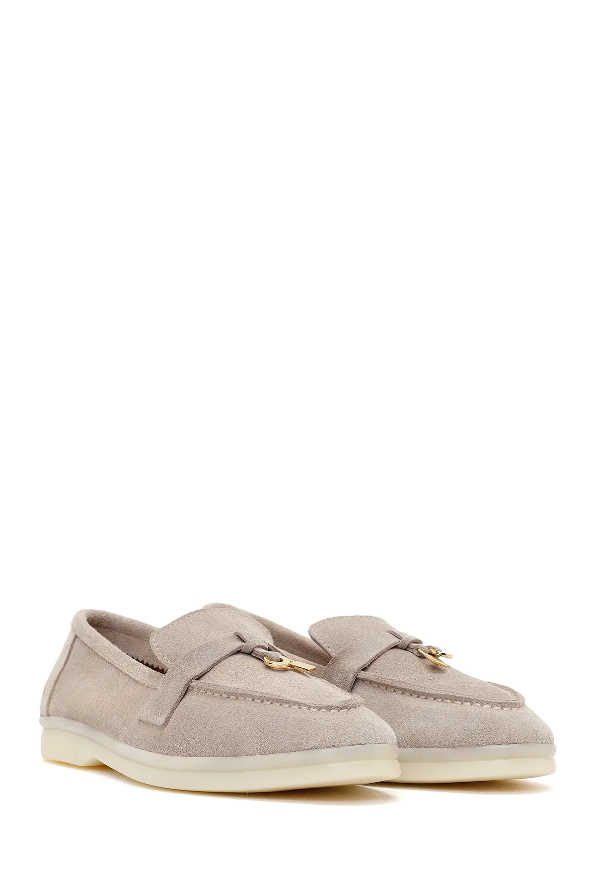 Kadın Bej Süet Deri Maskülen Loafer - Image 2