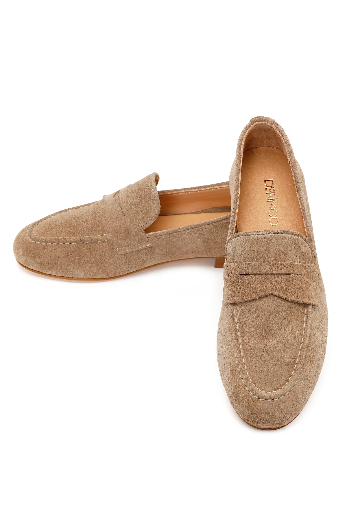 Kadın Bej Süet Deri Maskülen Loafer - Image 11