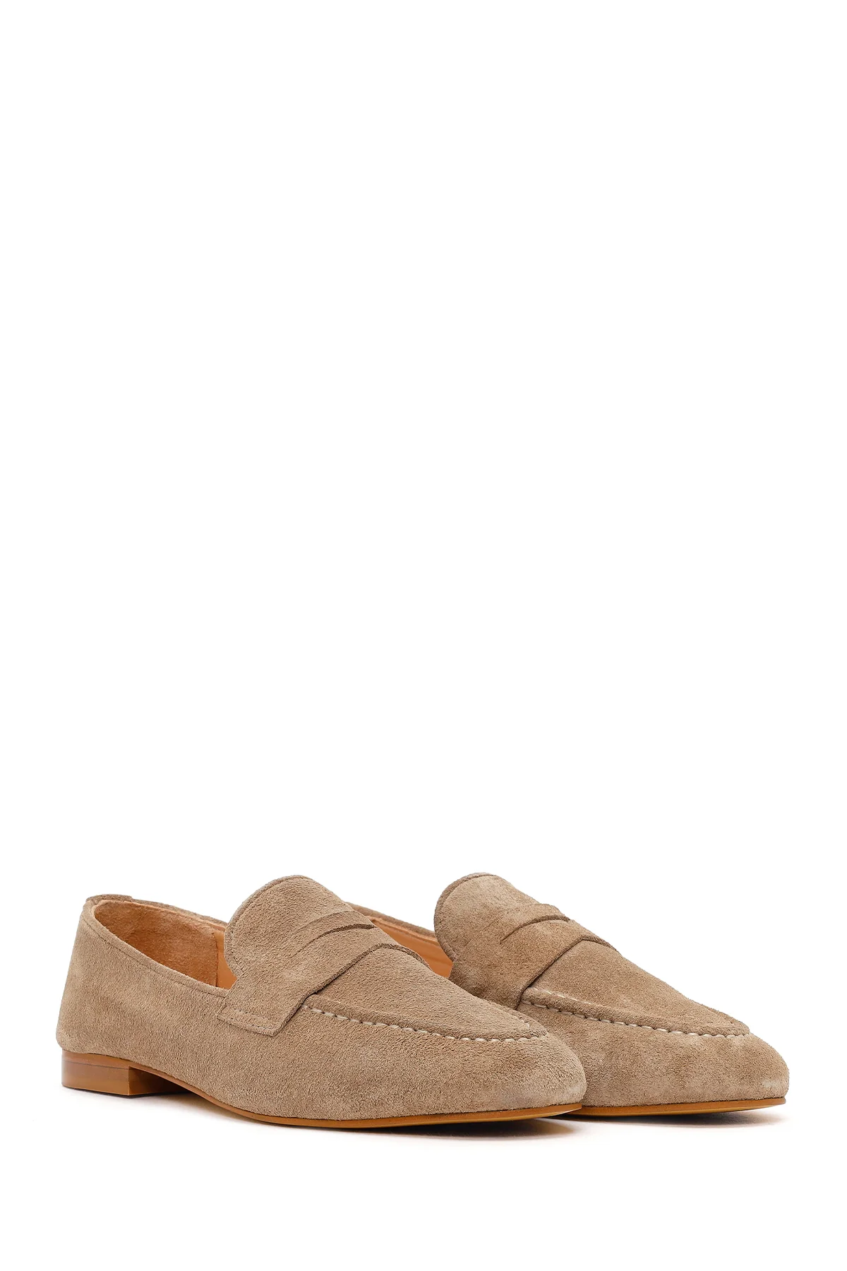 Kadın Bej Süet Deri Maskülen Loafer - Image 2