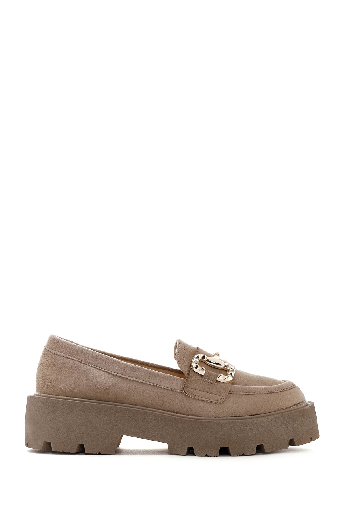 Kadın Bej Süet Tokalı Maskülen Loafer - Image 2
