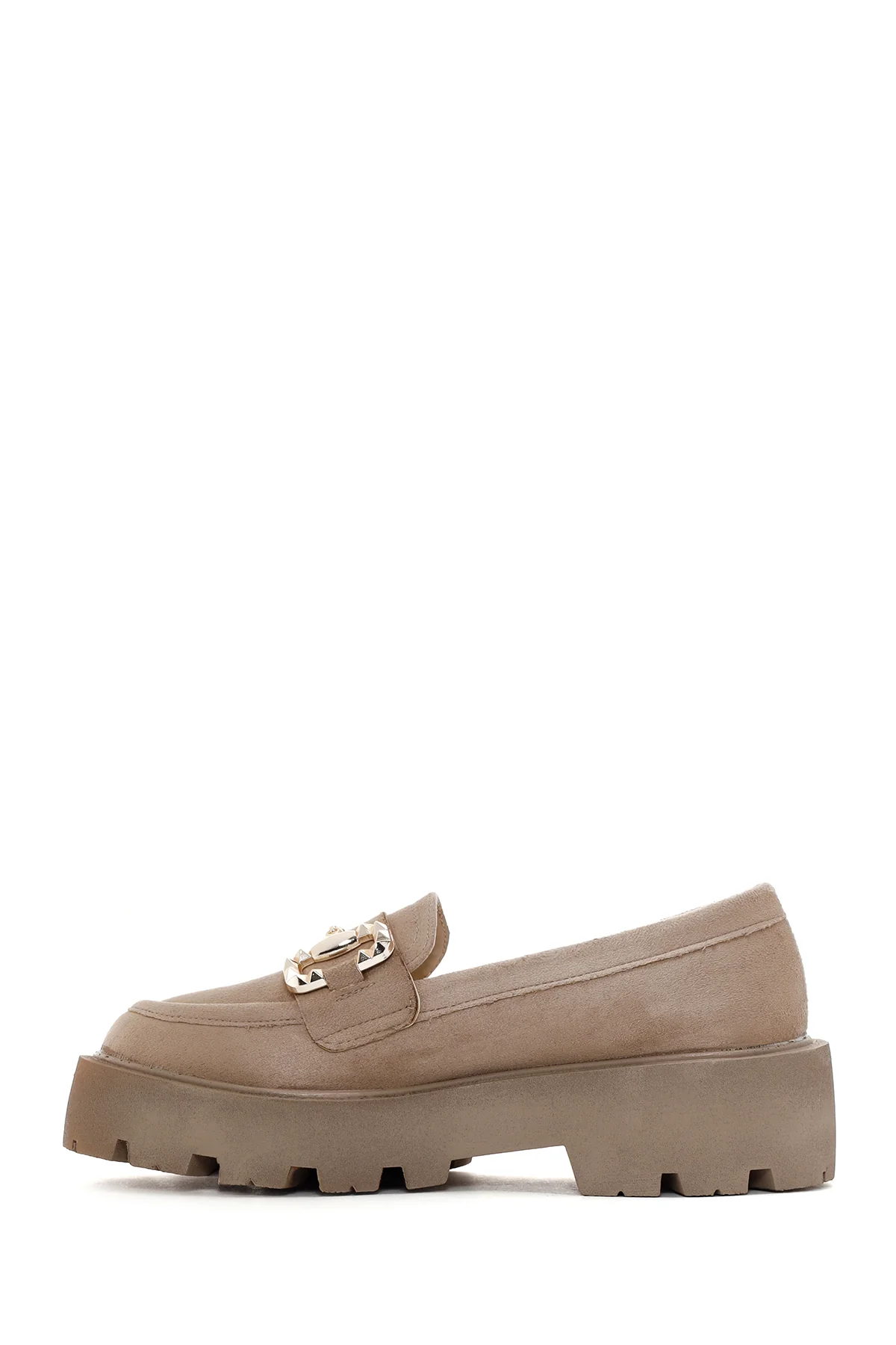 Kadın Bej Süet Tokalı Maskülen Loafer - Image 3