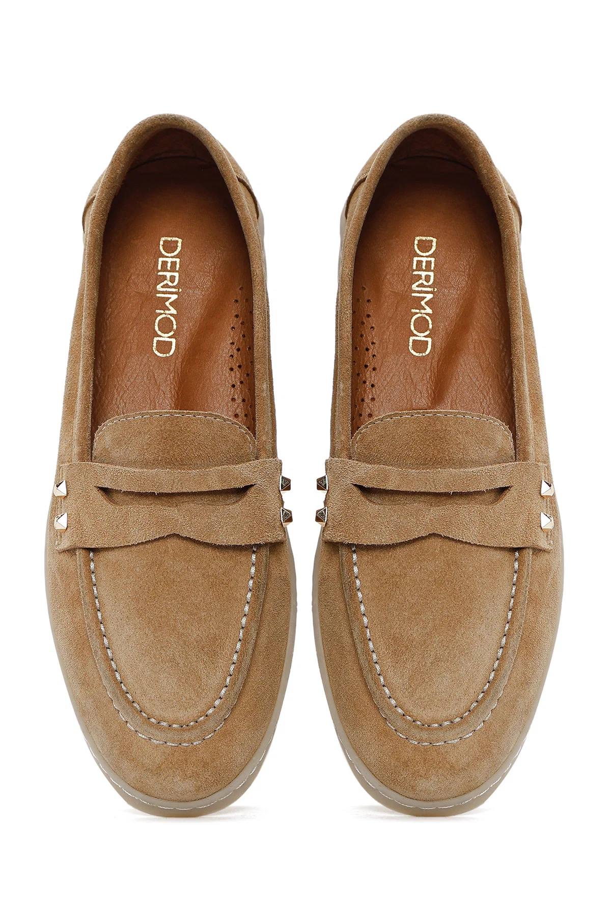 Kadın Bej Taş Detaylı Süet Deri Loafer - Image 6