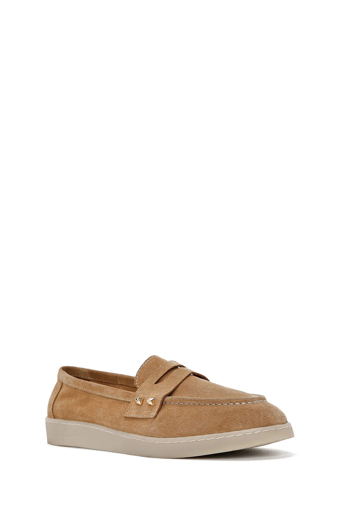 Kadın Bej Taş Detaylı Süet Deri Loafer - Image 7