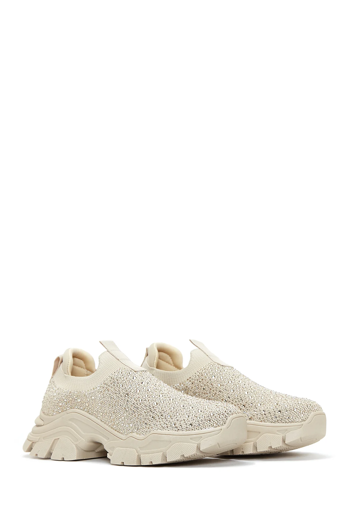 Kadın Bej Taşlı Kalın Tabanlı Sneaker - Image 4
