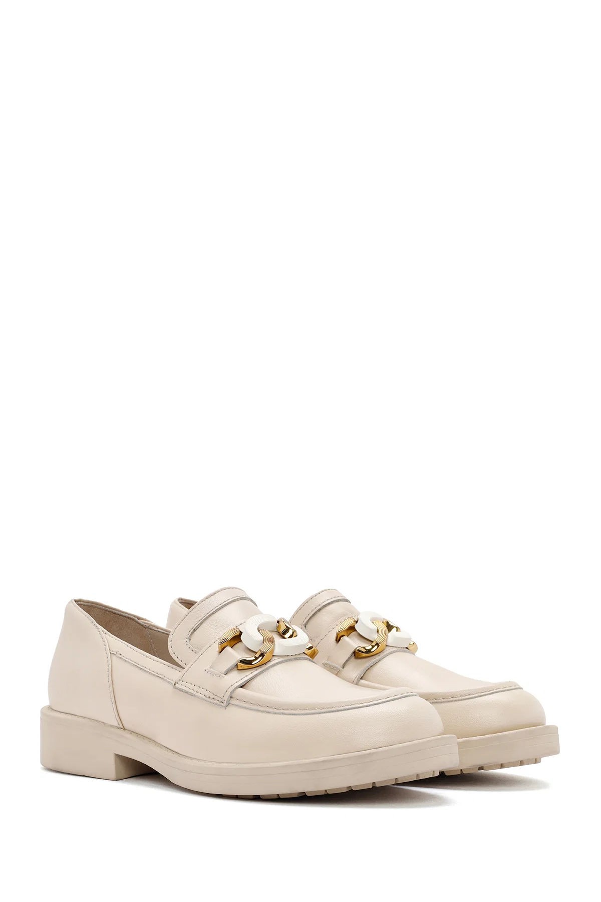 Kadın Bej Toka Detaylı Deri Maskülen Loafer - Image 3