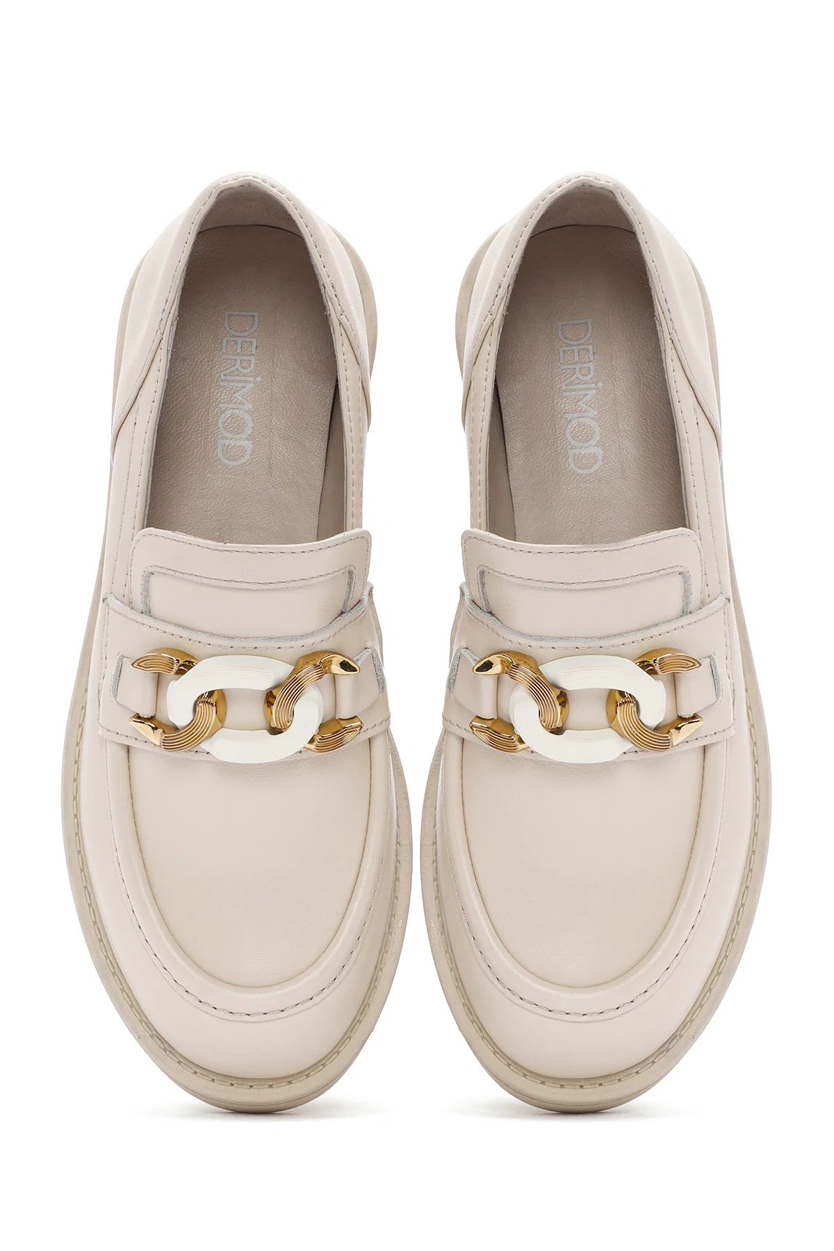 Kadın Bej Toka Detaylı Deri Maskülen Loafer - Image 7