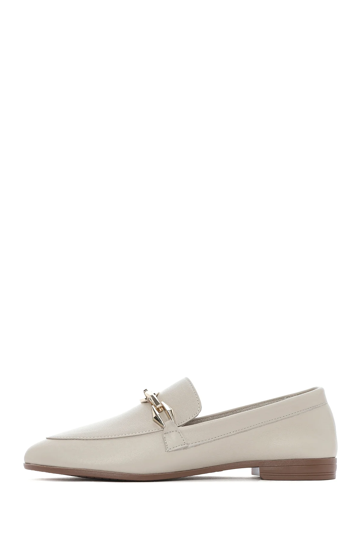 Kadın Bej Tokalı Deri Maskülen Loafer - Image 3