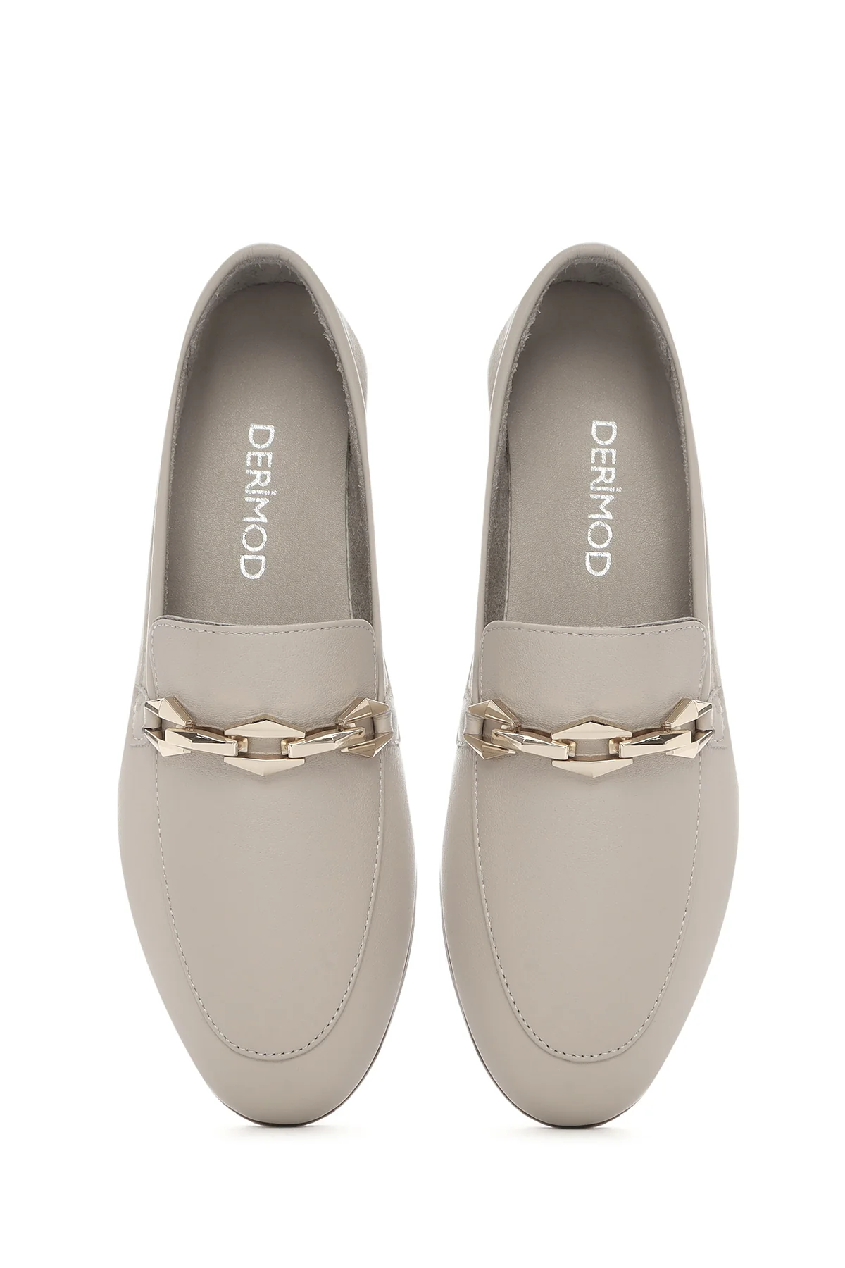 Kadın Bej Tokalı Deri Maskülen Loafer - Image 4