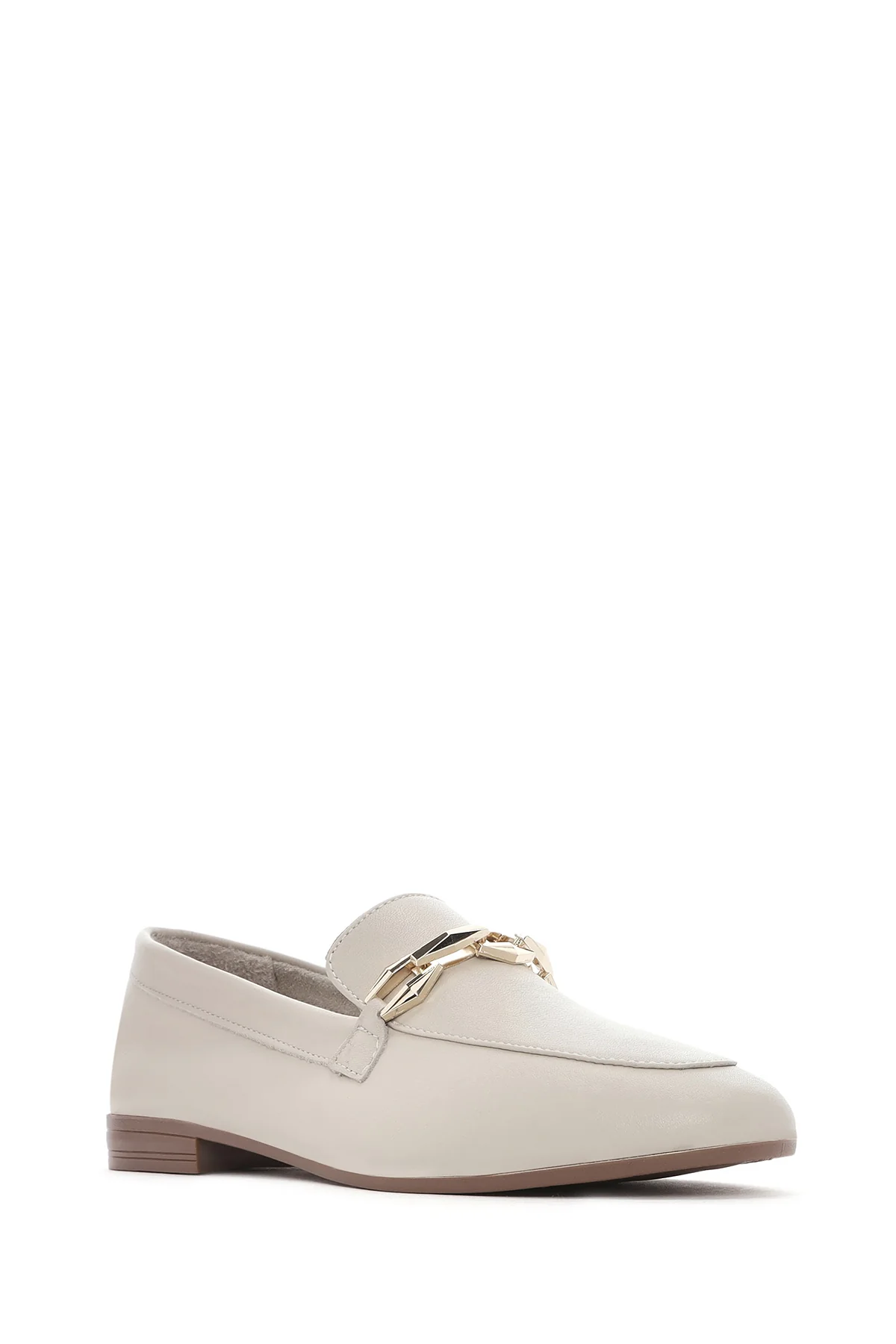 Kadın Bej Tokalı Deri Maskülen Loafer - Image 7