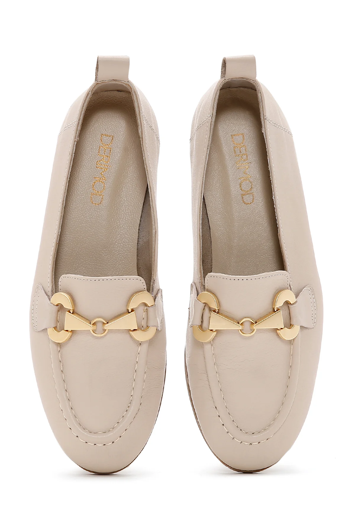 Kadın Bej Tokalı Deri Maskülen Loafer - Image 4