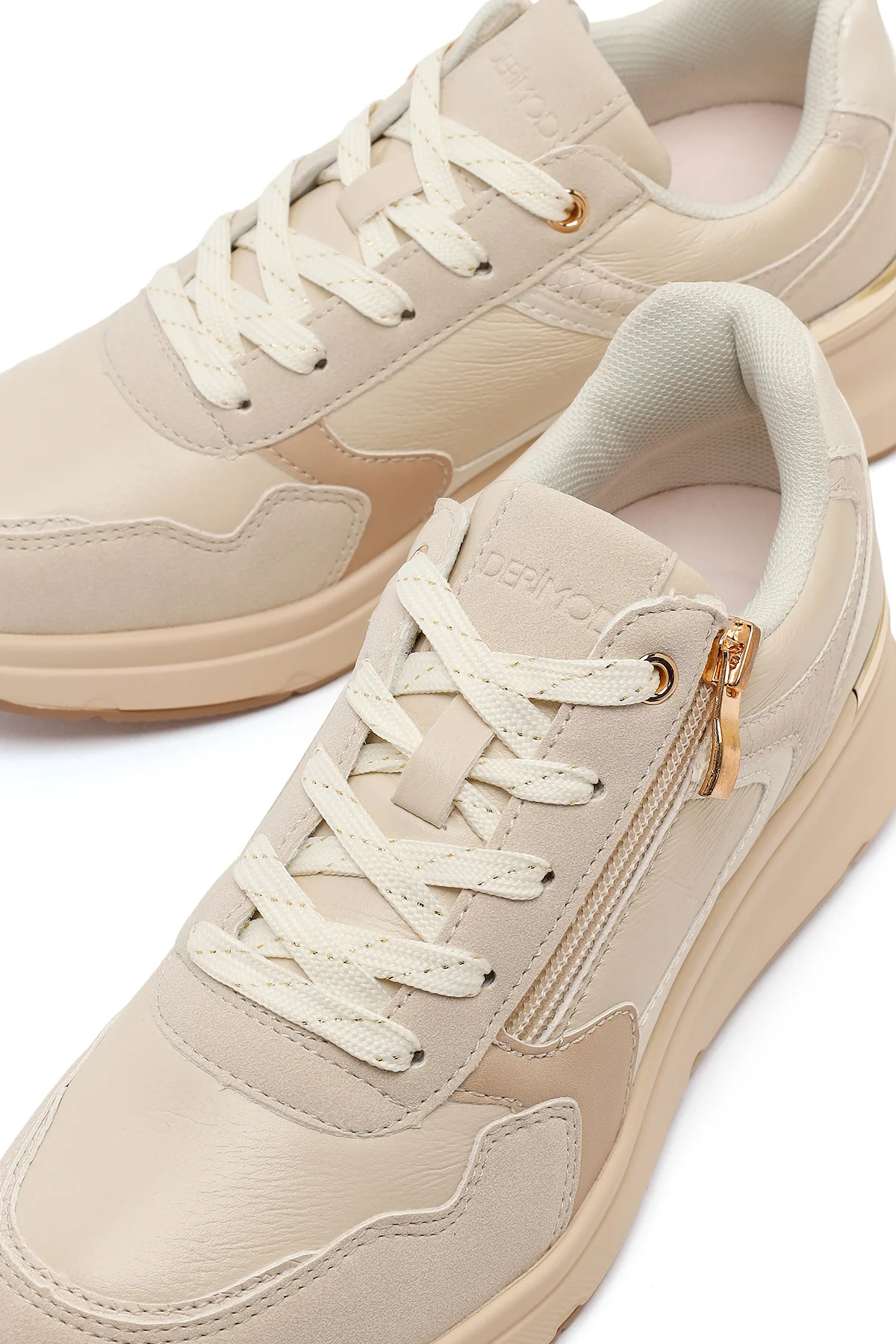 Kadın Bej Yandan Fermuarlı Bağcıklı Kalın Tabanlı Sneaker - Image 10