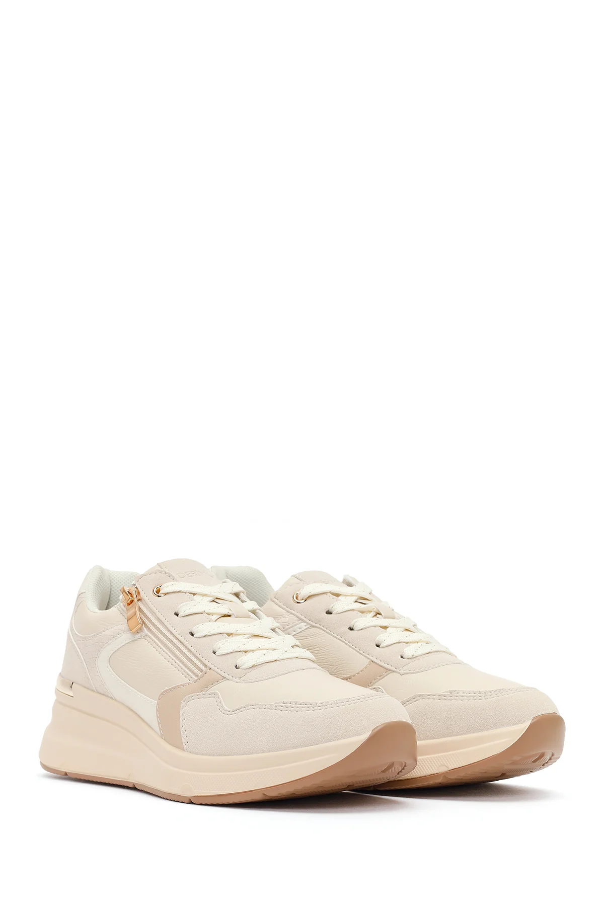 Kadın Bej Yandan Fermuarlı Bağcıklı Kalın Tabanlı Sneaker - Image 2