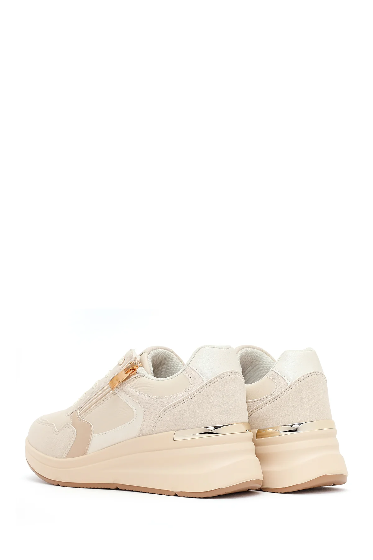 Kadın Bej Yandan Fermuarlı Bağcıklı Kalın Tabanlı Sneaker - Image 6