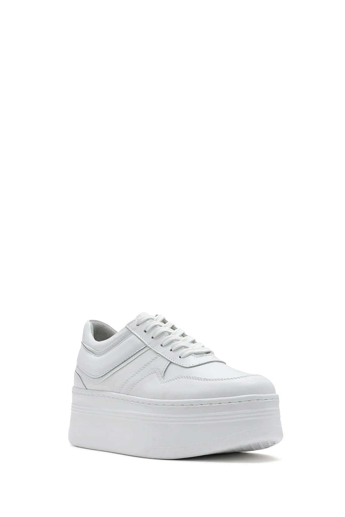 Kadın Beyaz Bağcıklı Kalın Tabanlı Deri Sneaker - Image 7