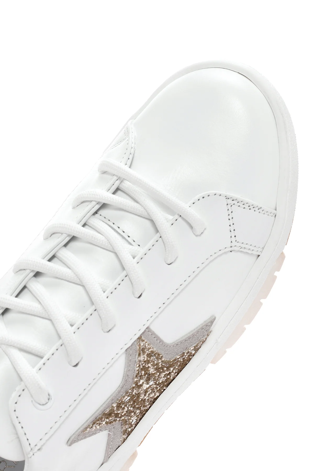 Kadın Beyaz Bağcıklı Kalın Tabanlı Taşlı Deri Sneaker - Image 11