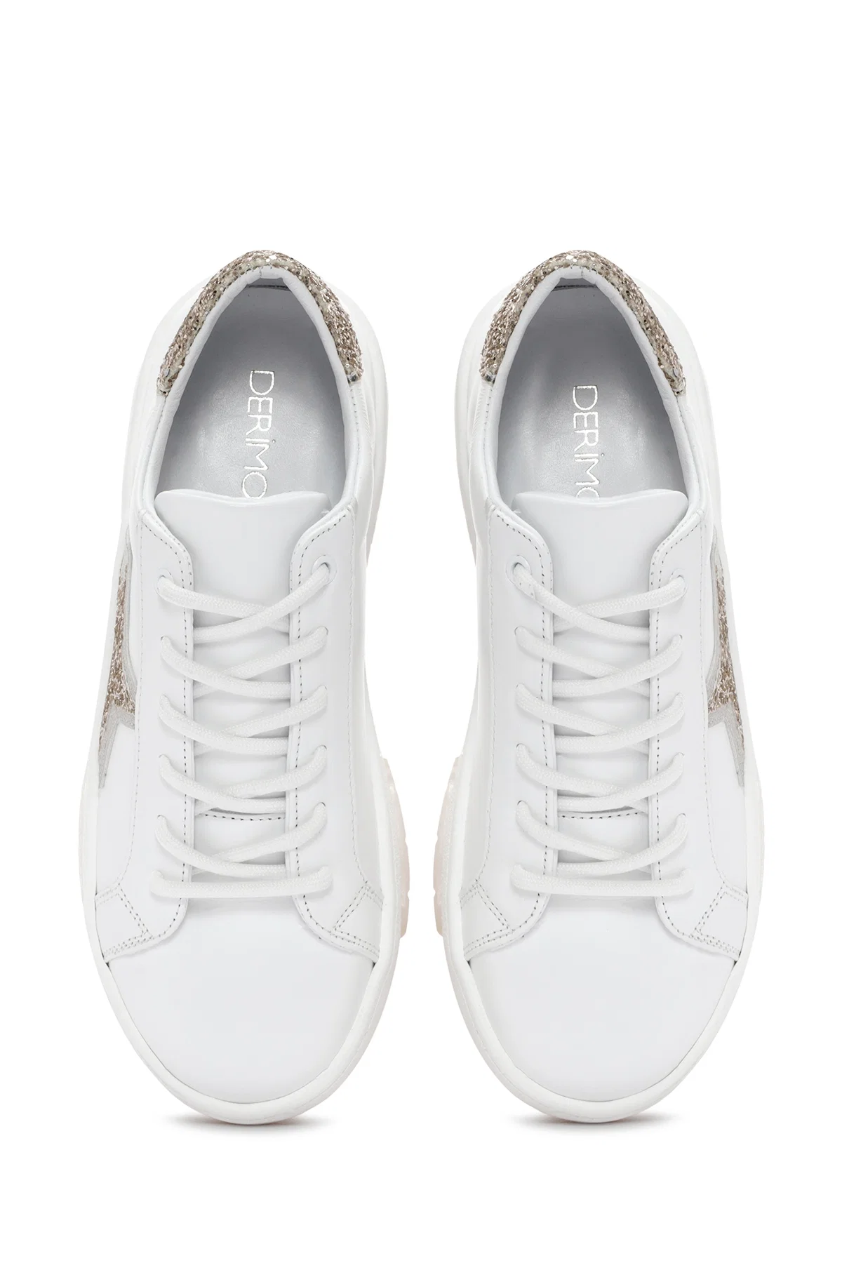 Kadın Beyaz Bağcıklı Taşlı Deri Sneaker - Image 8
