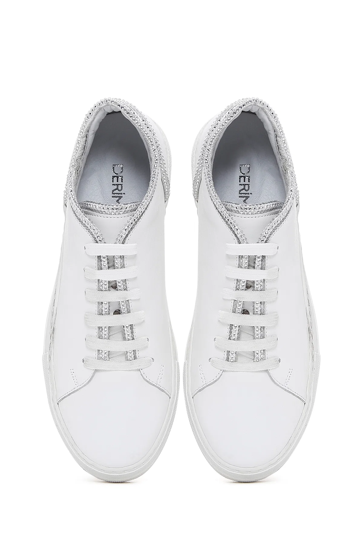 Kadın Beyaz Bağcıklı Taşlı Deri Sneaker - Image 6