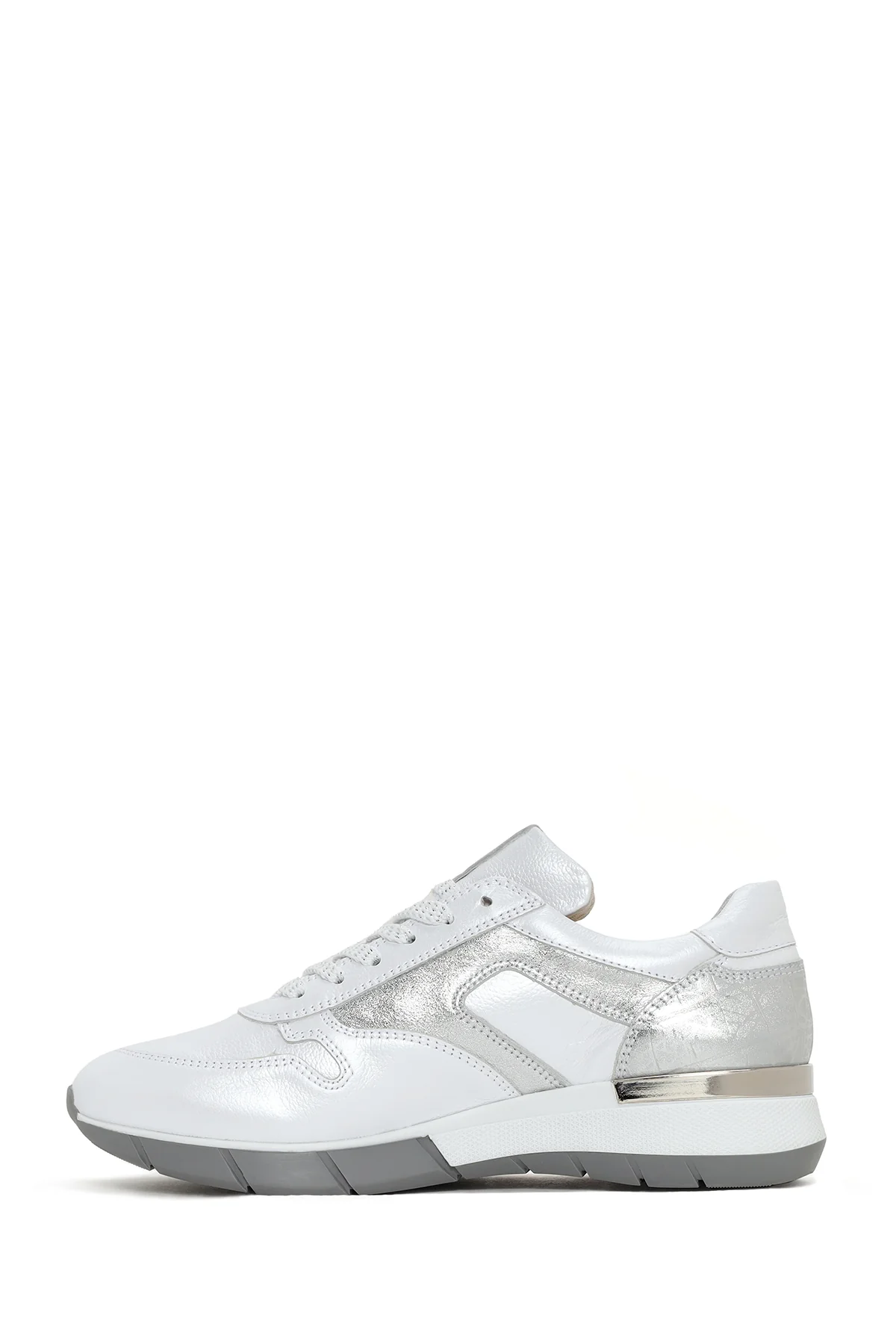Kadın Beyaz Bağcıklı Yandan Fermuarlı Deri Sneaker - Image 2