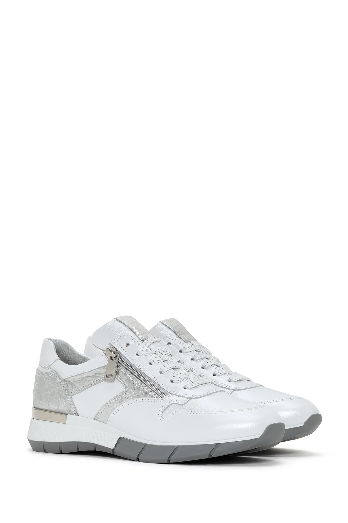 Kadın Beyaz Bağcıklı Yandan Fermuarlı Deri Sneaker - Image 3