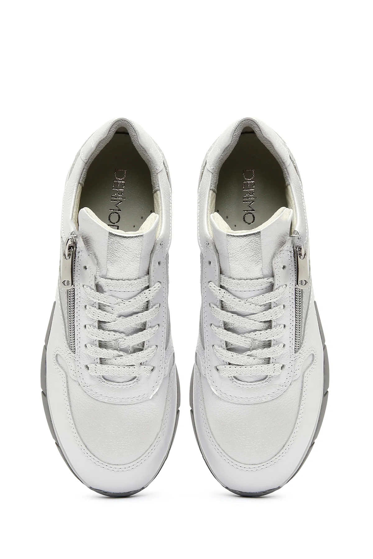 Kadın Beyaz Bağcıklı Yandan Fermuarlı Deri Sneaker - Image 7