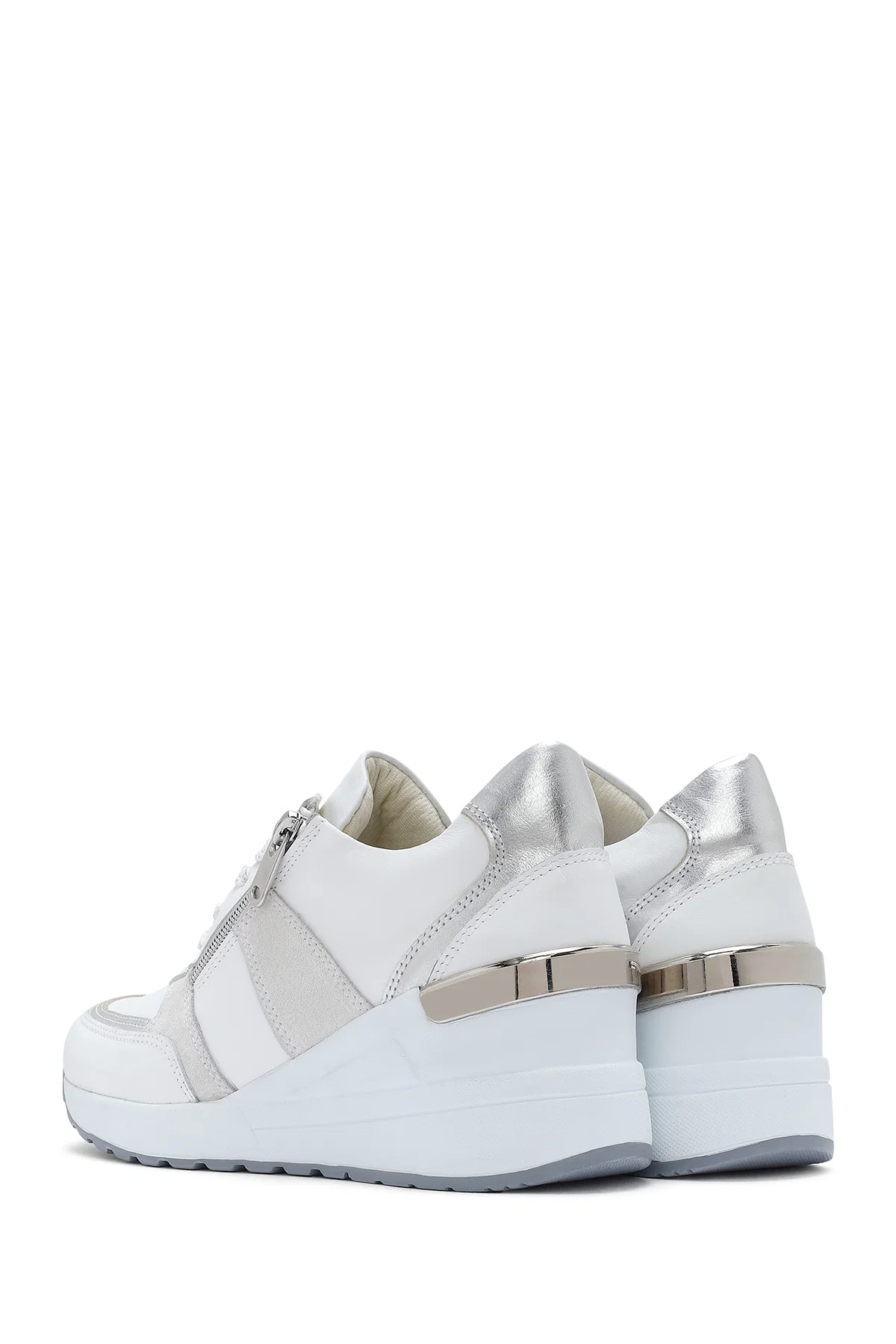 Kadın Beyaz Dolgu Topuklu Yandan Fermuarlı Deri Sneaker - Image 6
