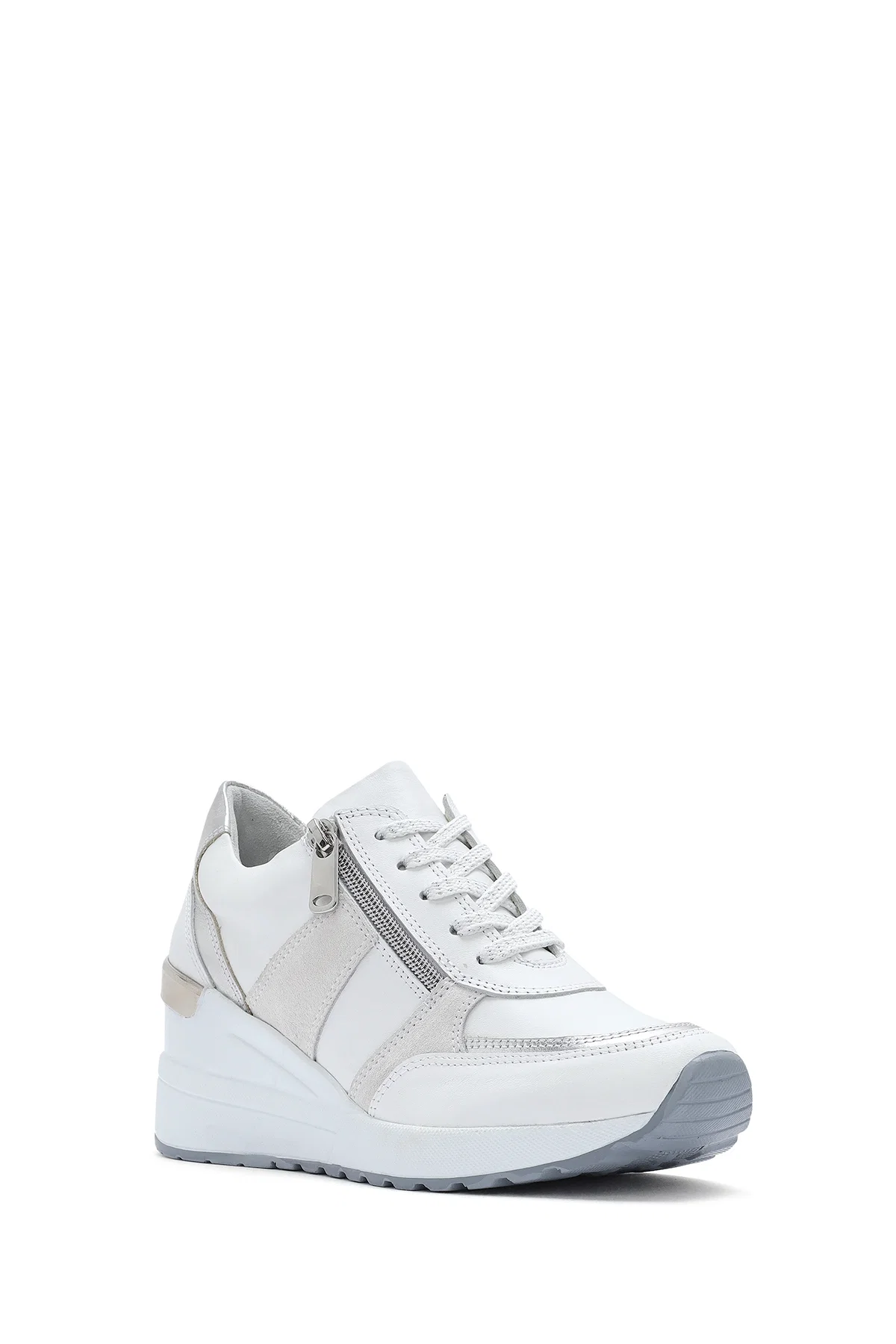 Kadın Beyaz Dolgu Topuklu Yandan Fermuarlı Deri Sneaker - Image 7