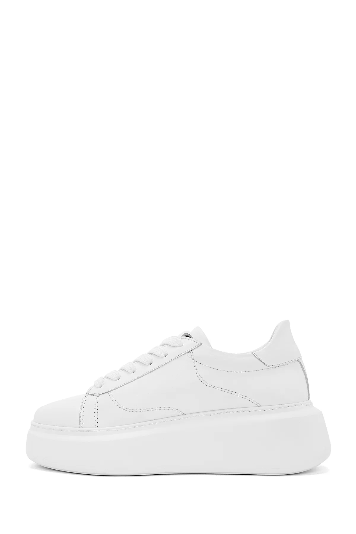 Kadın Beyaz Fermuarlı Bağcıklı Kalın Tabanlı Deri Sneaker - Image 2