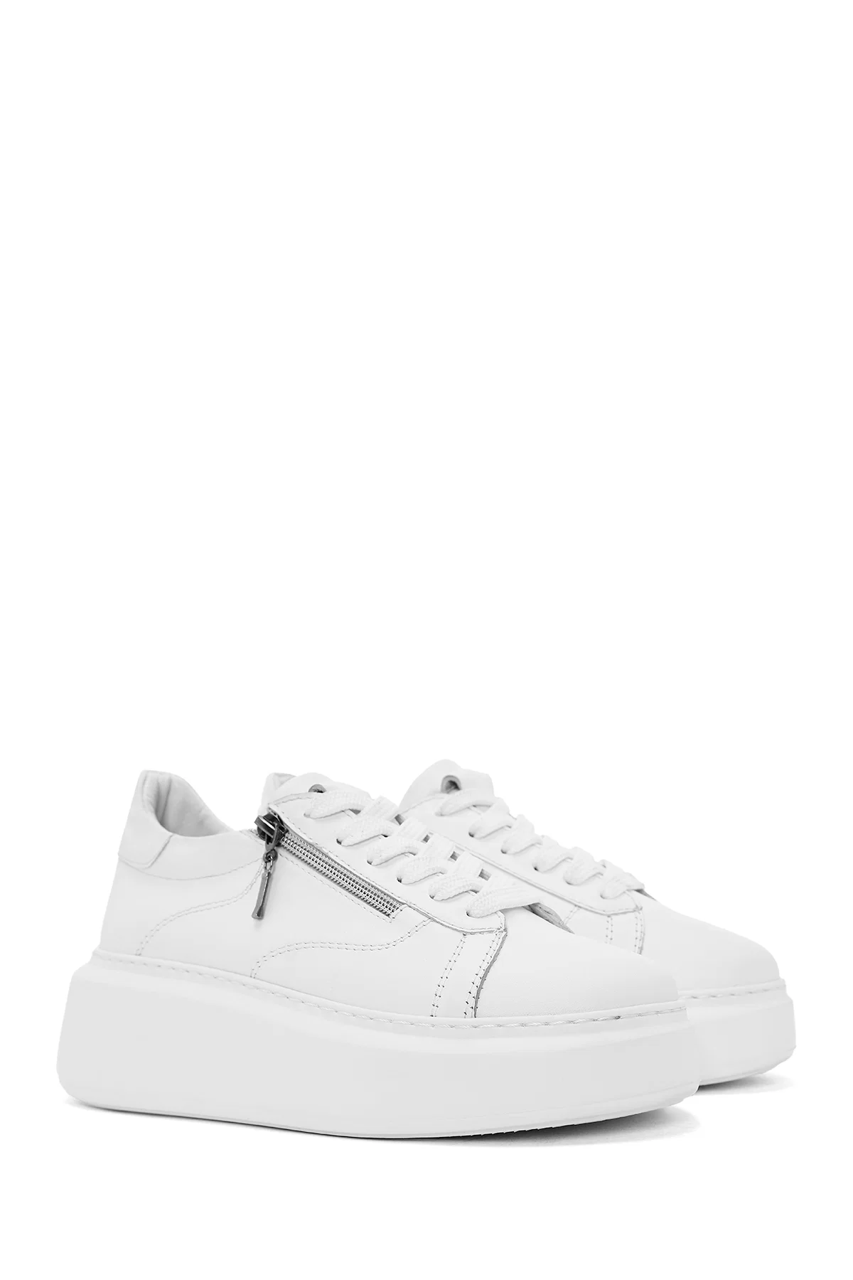 Kadın Beyaz Fermuarlı Bağcıklı Kalın Tabanlı Deri Sneaker - Image 3
