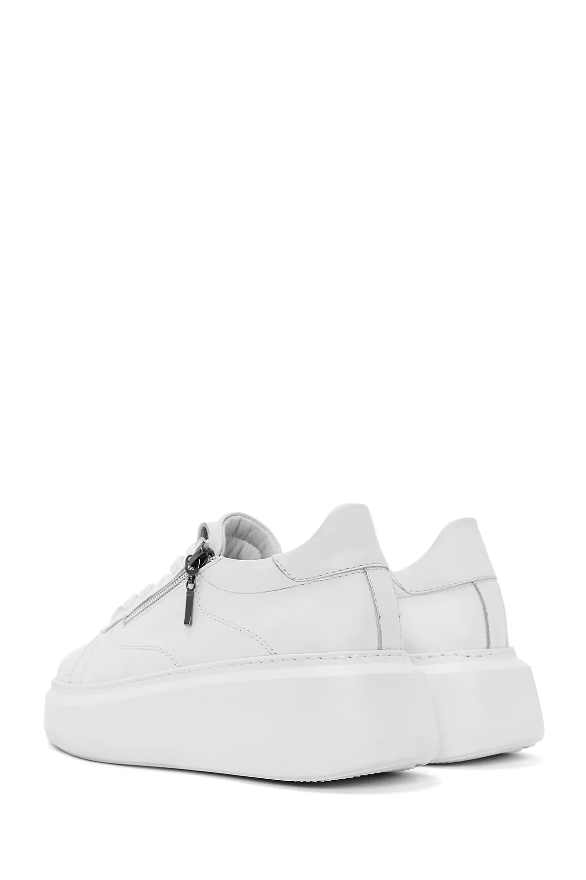 Kadın Beyaz Fermuarlı Bağcıklı Kalın Tabanlı Deri Sneaker - Image 5