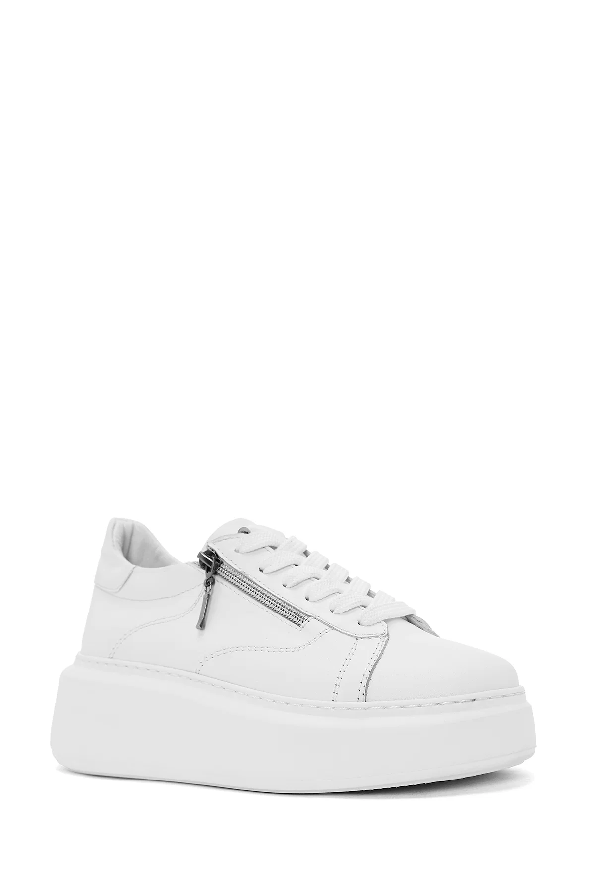 Kadın Beyaz Fermuarlı Bağcıklı Kalın Tabanlı Deri Sneaker - Image 7